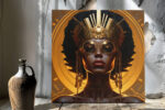 Regal female portrait with gold crown and filigree goggles, dramatic amber halo motif, bold digital art canvas print