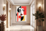 Woman's face fragmented by vivid red and black geometric shapes, Bauhaus constructivist portrait canvas for living room