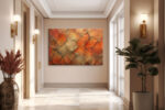 Cracked earth polygon texture in burnt orange and rust tones, bold abstract canvas print for living room or home office
