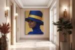 Woman in wide-brim hat with gold band and royal blue head wrap, high-contrast fashion portrait canvas for living room