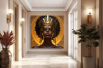 Regal female portrait with gold crown and filigree goggles, dramatic amber halo motif, bold digital art canvas print