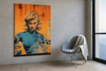 Retro sci-fi illustration of a woman with laboratory flasks in vivid orange and teal, portrait canvas wall art