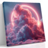Neon ring glowing behind cumulus clouds in coral pink and slate blue, surreal digital art square canvas for living room