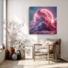 Neon ring glowing behind cumulus clouds in coral pink and slate blue, surreal digital art square canvas for living room