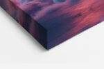 Neon ring glowing behind cumulus clouds in coral pink and slate blue, surreal digital art square canvas for living room