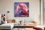 Neon ring glowing behind cumulus clouds in coral pink and slate blue, surreal digital art square canvas for living room