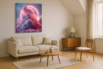 Neon ring glowing behind cumulus clouds in coral pink and slate blue, surreal digital art square canvas for living room