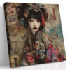 Female figure in ornate kimono with crimson tassels and Asian script collage, romantic mixed-media square canvas print