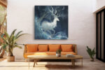 White deer over stylised ocean waves with crescent moons and bare trees, moody navy East Asian illustration canvas
