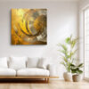 Concentric gold and silver impasto arcs spiral inward, bold abstract acrylic wall art for living room or home office