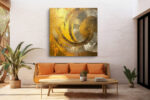 Concentric gold and silver impasto arcs spiral inward, bold abstract acrylic wall art for living room or home office