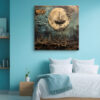 Full moon and sailing ship over city skyline, vintage map-engraved mixed-media wall art canvas for home office
