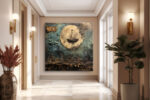 Full moon and sailing ship over city skyline, vintage map-engraved mixed-media wall art canvas for home office