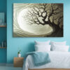 Bare tree silhouette over glowing oval, swirling layered forms in sage and olive, japandi canvas wall art