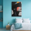 Female face profile with coral red geometric triangles and black blindfold, moody mixed-media wall art canvas for living room