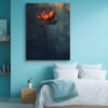 Glowing flame-like flower bloom in burnt orange and dark teal, dramatic botanical digital art canvas for living room