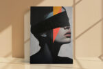 Female face profile with coral red geometric triangles and black blindfold, moody mixed-media wall art canvas for living room