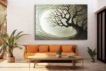 Bare tree silhouette over glowing oval, swirling layered forms in sage and olive, japandi canvas wall art