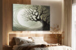 Bare tree silhouette over glowing oval, swirling layered forms in sage and olive, japandi canvas wall art
