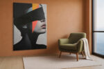 Female face profile with coral red geometric triangles and black blindfold, moody mixed-media wall art canvas for living room