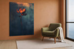 Glowing flame-like flower bloom in burnt orange and dark teal, dramatic botanical digital art canvas for living room