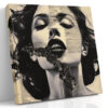 Woman's portrait with honeycomb texture and text collage in warm sepia tones, contemporary mixed-media canvas wall art
