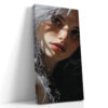 Hyper-realistic female portrait with split white and black hair, red lips, chain jewelry u2014 bold digital art canvas