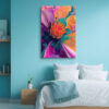 Abstract flower macro in vivid orange, hot magenta and deep purple swirls, bold botanical canvas wall art for living room