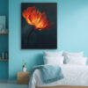 Glowing poppy bloom in deep orange-red and amber-yellow against dark teal, dramatic floral portrait canvas wall art
