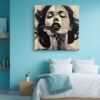 Woman's portrait with honeycomb texture and text collage in warm sepia tones, contemporary mixed-media canvas wall art