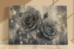 Two grey roses with gold paint splatters and botanical sketches, moody mixed-media floral canvas wall art for living room