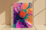 Abstract flower macro in vivid orange, hot magenta and deep purple swirls, bold botanical canvas wall art for living room