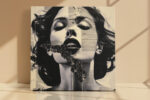 Woman's portrait with honeycomb texture and text collage in warm sepia tones, contemporary mixed-media canvas wall art