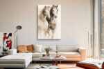 Three watercolor horses with flowing manes and ink drips, earthy cream and brown tones, portrait canvas wall art