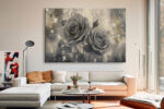 Two grey roses with gold paint splatters and botanical sketches, moody mixed-media floral canvas wall art for living room
