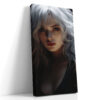 Dramatic female portrait with white-silver hair and deep red lips on dark background, digital art canvas for living room