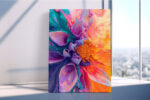 Swirling fluid-pour flower in magenta, orange, and teal, bold botanical digital art canvas for living room