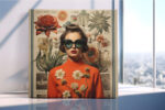 Woman in burnt orange turtleneck and cat-eye sunglasses, layered with botanical flowers, eclectic collage canvas wall art