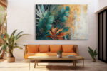 Tropical banana leaves and palm fronds in deep teal and gold, bohemian botanical canvas print for living room or dining room
