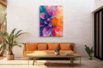 Swirling fluid-pour flower in magenta, orange, and teal, bold botanical digital art canvas for living room
