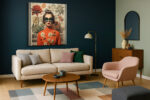 Woman in burnt orange turtleneck and cat-eye sunglasses, layered with botanical flowers, eclectic collage canvas wall art