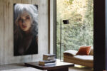 Dramatic female portrait with white-silver hair and deep red lips on dark background, digital art canvas for living room