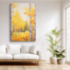 Birch forest in golden amber and yellow autumn tones, watercolor landscape wall art canvas for living room