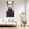 Woman's digital art portrait with crimson drips, cat-eye liner and geometric earrings, bold contemporary canvas wall art