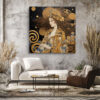 Ornate female figure with golden halo and mosaic robe, dramatic mixed-media portrait canvas for living room or bedroom
