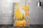 Birch forest in golden amber and yellow autumn tones, watercolor landscape wall art canvas for living room