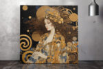 Ornate female figure with golden halo and mosaic robe, dramatic mixed-media portrait canvas for living room or bedroom