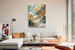 Jade and gold filigree mountain landscape in celadon green, japandi digital art canvas for living room or bedroom