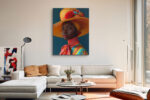Woman in wide-brim hat with red fabric rose and multicolor striped garment, bold portrait photography canvas wall art