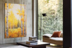 Birch forest in golden amber and yellow autumn tones, watercolor landscape wall art canvas for living room